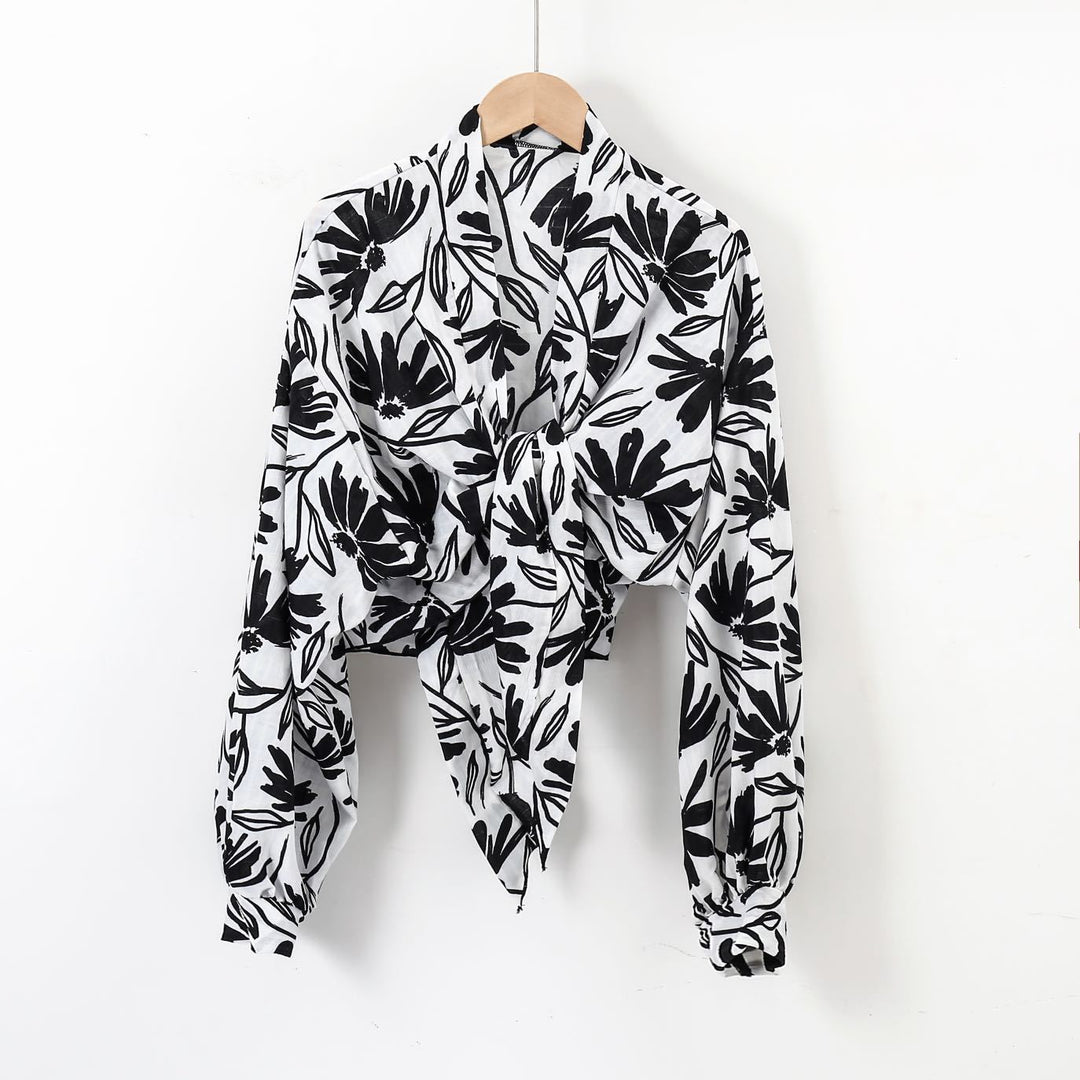 Damen nan florale Knoten-Bluse im Wickelstil mit Ballonärmeln und leichter Leinenoptik R&B