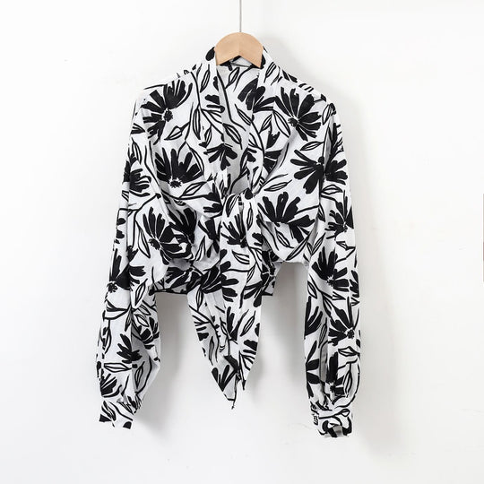 Damen nan florale Knoten-Bluse im Wickelstil mit Ballonärmeln und leichter Leinenoptik R&B