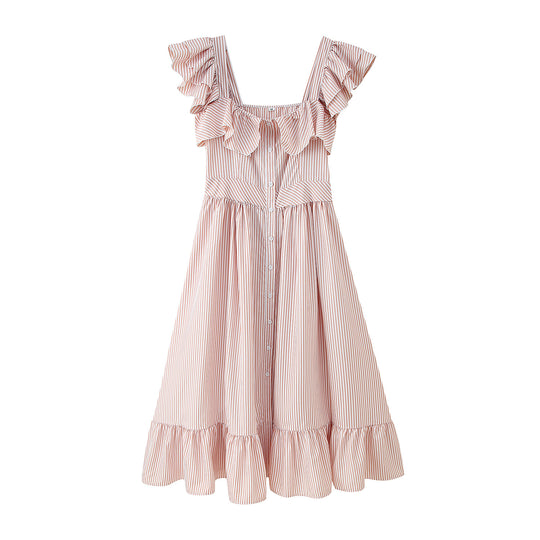 Damen Rüschensommerkleid mit Knopfdetails und weitem Rock R&B