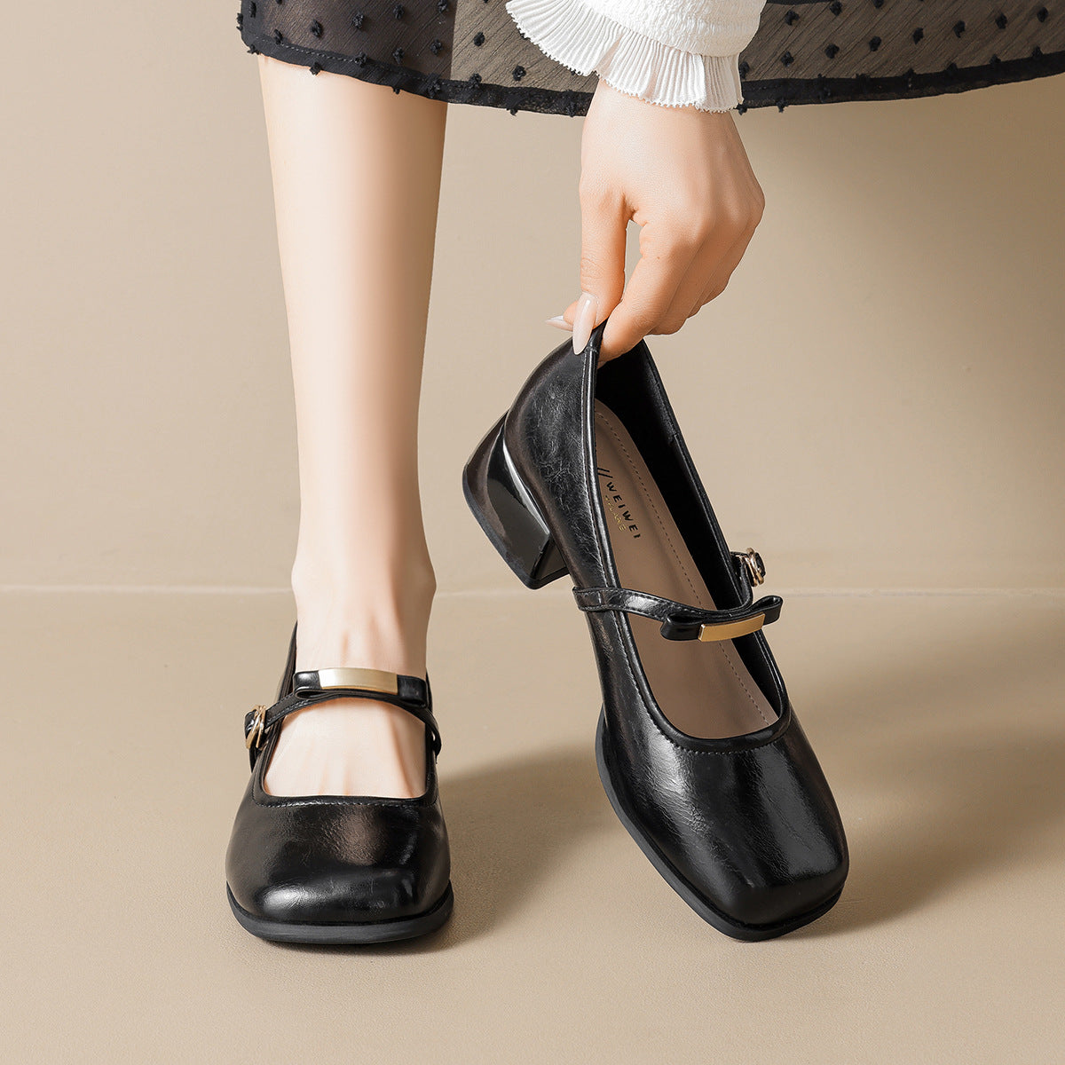 Damen Ballerinas mit elegantem Riemchen und modischem Blockabsatz