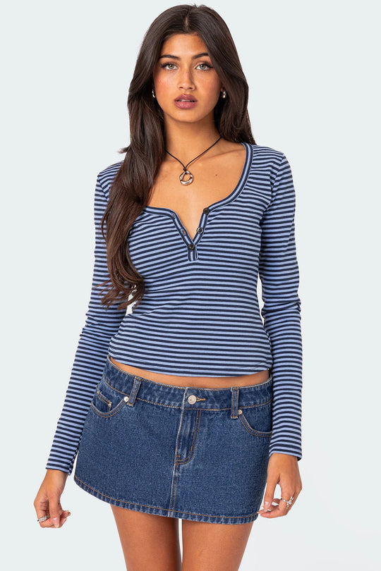 Damen Langarmshirt mit dehnbarem Streifenmuster und figurbetontem Schnitt R&B