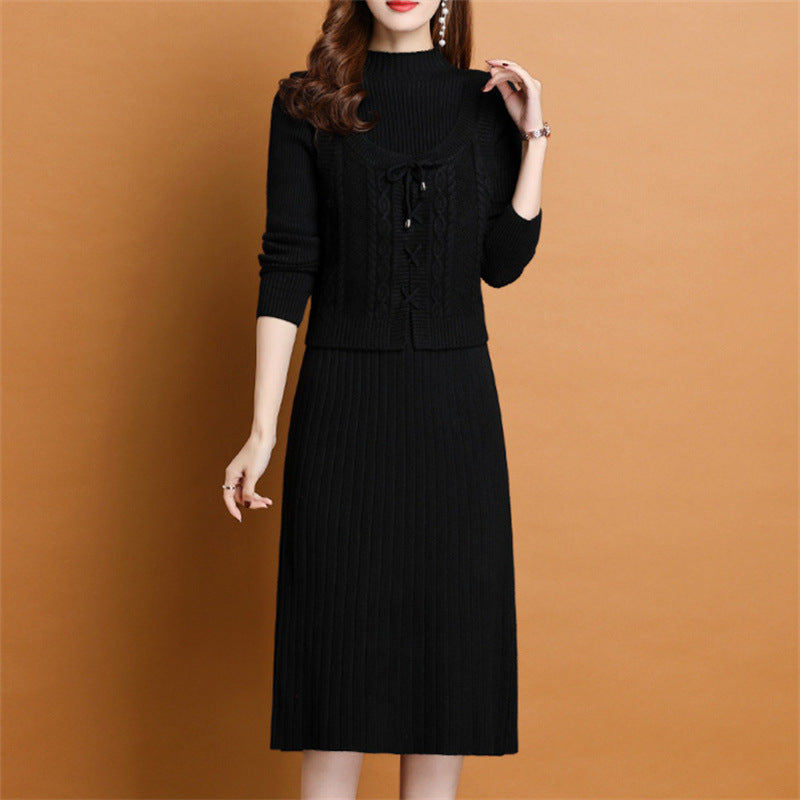 Damen elegantes Strickkleid mit hochgeschlossenem Kragen und dekorativem Zopfdesign R&B