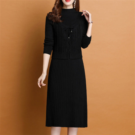 Damen elegantes Strickkleid mit hochgeschlossenem Kragen und dekorativem Zopfdesign R&B