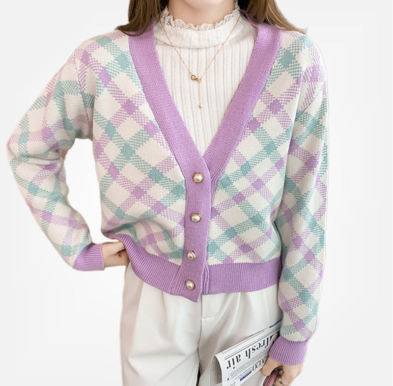Damen modischer Strickcardigan mit Karomuster und eleganter Knopfleiste R&B