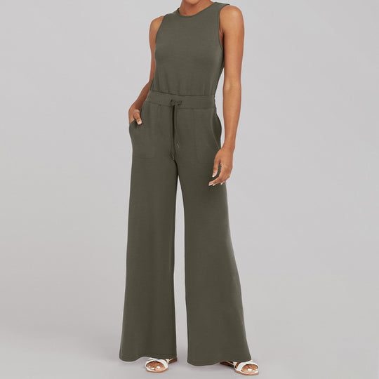 Damen nan ärmelloser Strick-Overall mit weitem Palazzo-Bein, Kordelbund und aufgesetzten Taschen R&B
