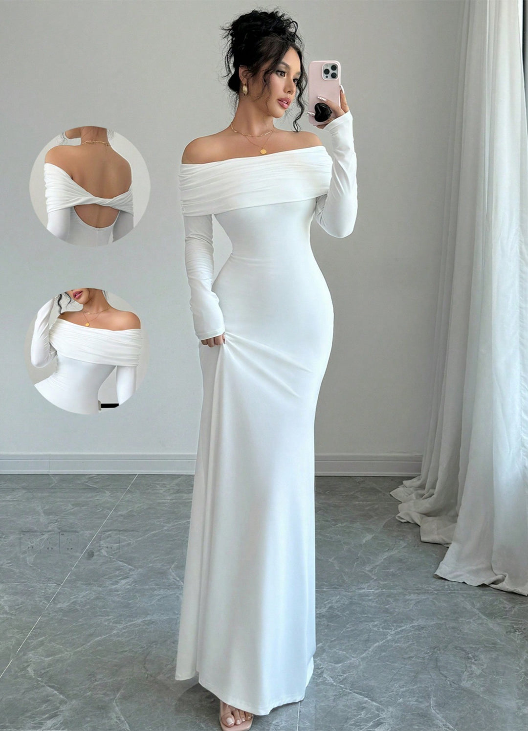 Damen Elegantes und figurbetontes Off-Shoulder Maxikleid mit langen Ärmeln R&B