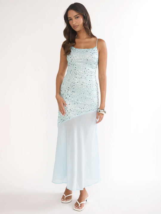 Damen Glitzerndes Maxikleid mit transparentem Obermaterial und asymmetrischem Saum R&B