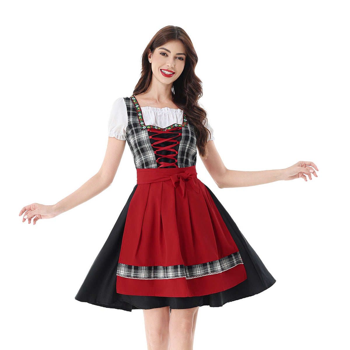 Damen nan traditionelles Dirndlkleid mit Karo-Mieder und gesteppter Schürze R&B