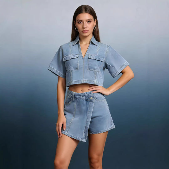 Damen modisches cropped Hemd mit aufgesetzten Taschen und lässigen Shorts R&B