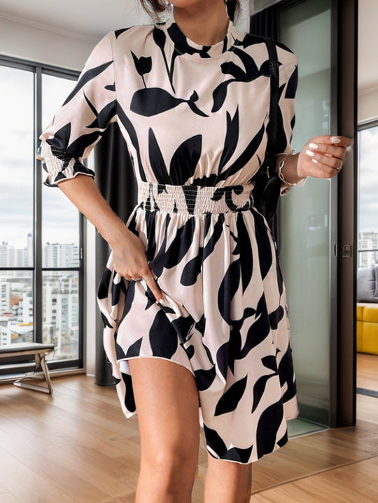 Damen Blumenkleid mit elastischem Taillenzug und Ballonärmel R&B