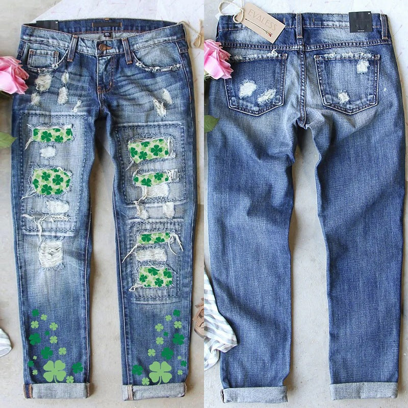 Damen Jeanshose mit fröhlichen Kleeblatt-Prints und modischen Destroyed-Details R&B
