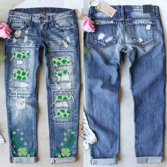 Damen Jeanshose mit fröhlichen Kleeblatt-Prints und modischen Destroyed-Details R&B
