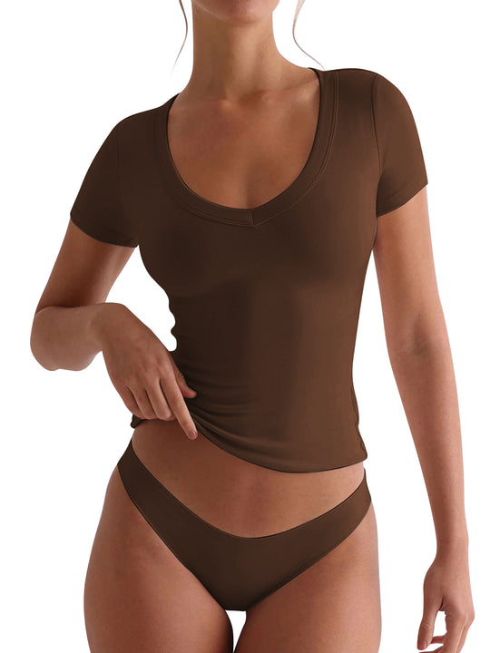 Damen figurbetontes V-Neck T-Shirt mit kurzen Ärmeln R&B