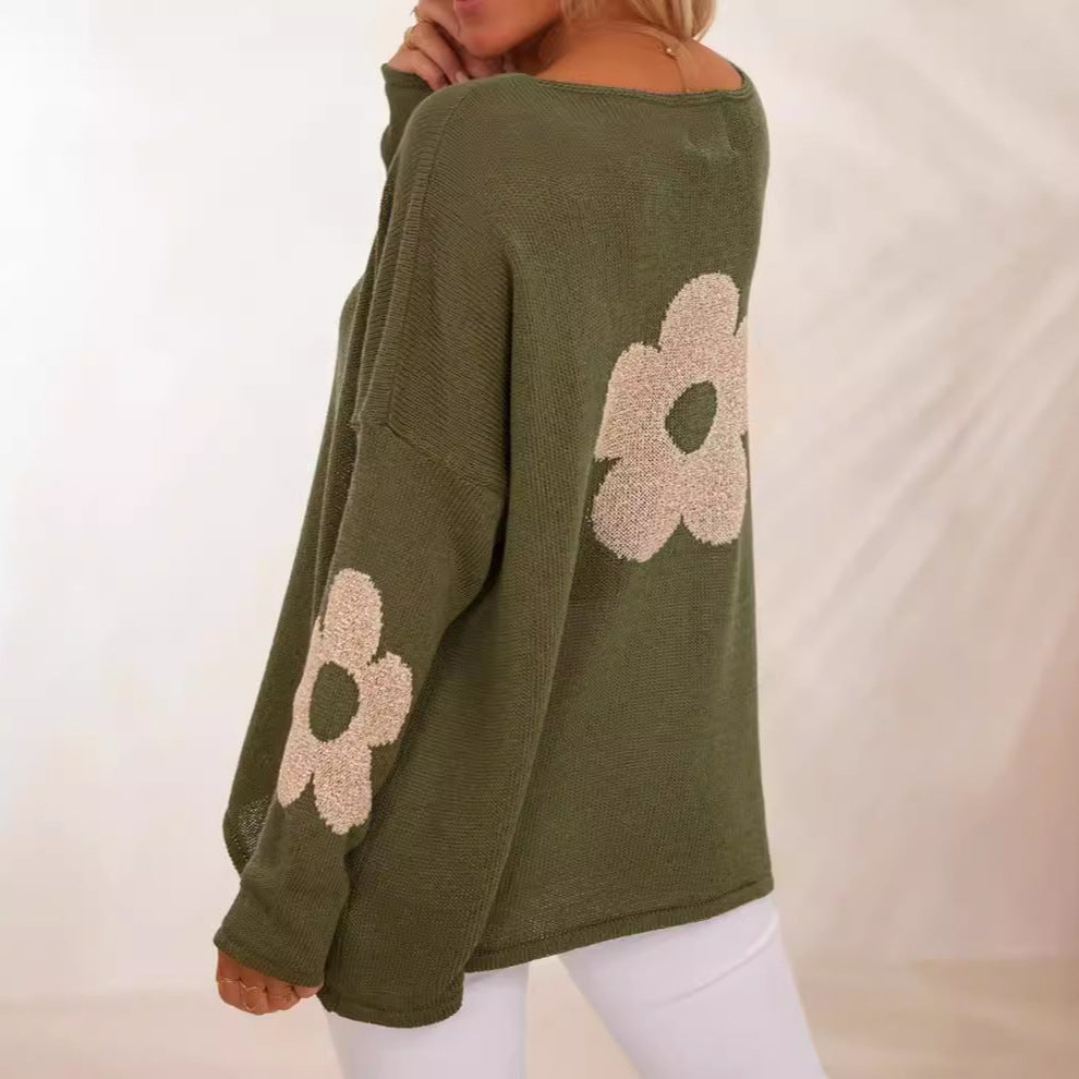Damen grob gestrickter Pullover mit floralem Design und weitem Schnitt R&B