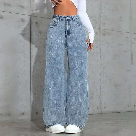 Damen Elegante High-Waist Jeans im weiten Schnitt mit glitzerndem Detail R&B