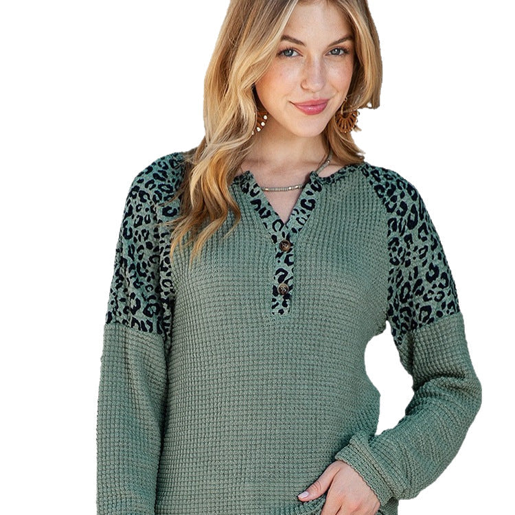 Damen modischer Langarm-Pullover mit Tiermuster und Knopfleiste R&B