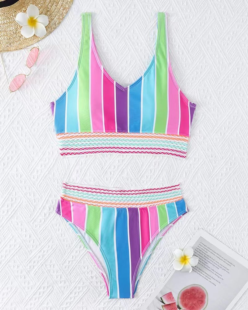 Damen Bikini-Set mit breitem Farbblockdesign und hohem Bündchen R&B