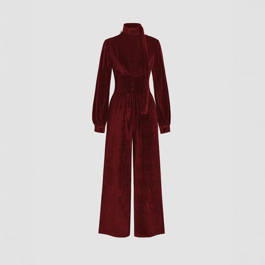 Damen eleganter Samt-Jumpsuit mit schickem Kragen und weitem Bein R&B
