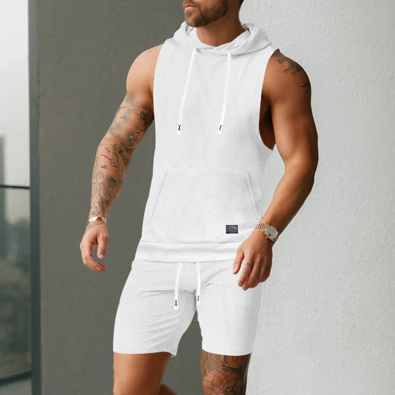 Herren nan ärmelloses Kapuzenweste-Set aus strukturiertem Baumwollmix mit Kängurutasche und Tunnelzug-Shorts R&B