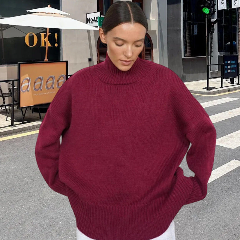 Damen Strickpullover mit hohem Kragen und weitem Schnitt R&B