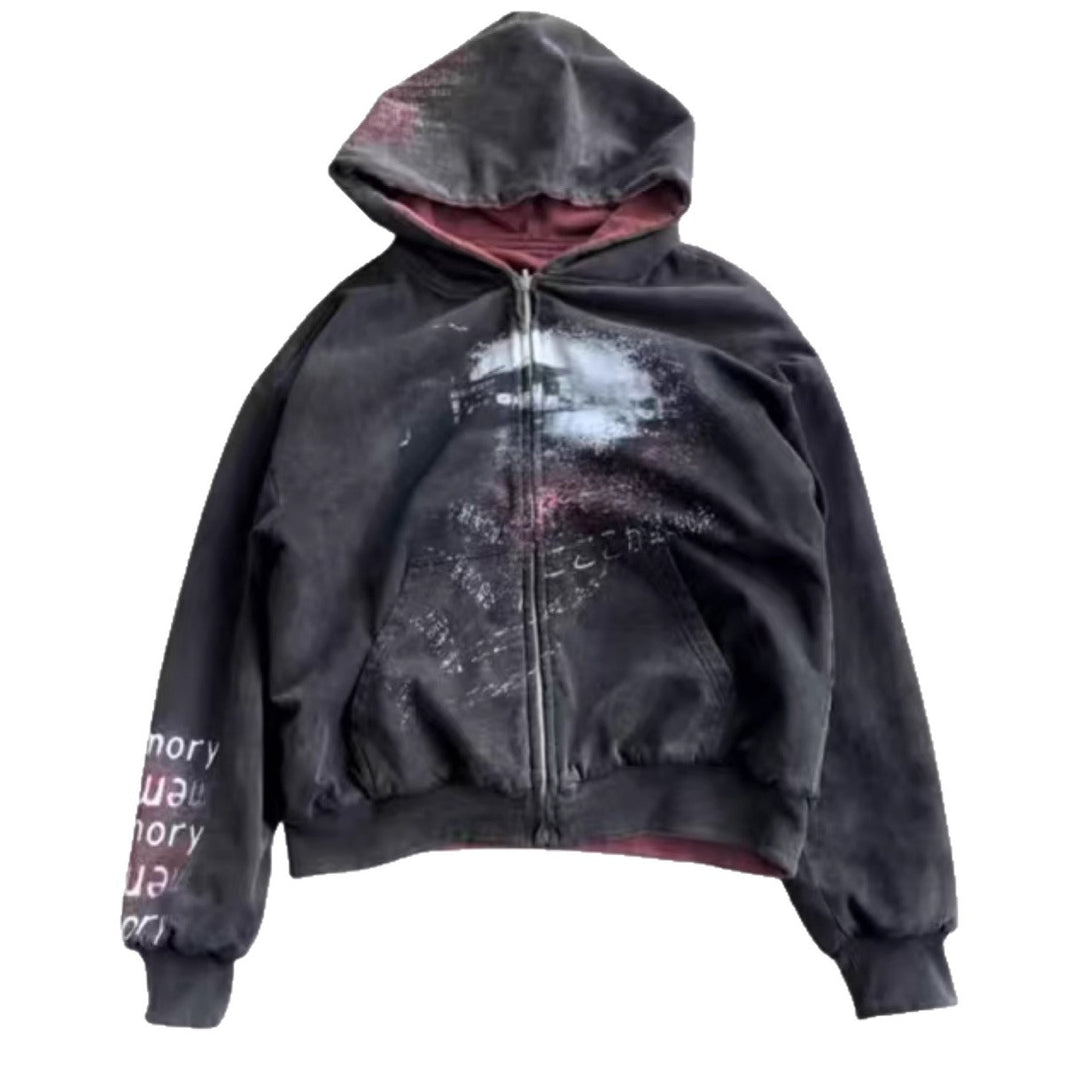 Unisex nan Kapuzenjacke mit durchgehendem Reißverschluss, Used‑Effekt, doppellagiger Kapuze und Ärmeldruck R&B