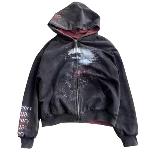 Unisex nan Kapuzenjacke mit durchgehendem Reißverschluss, Used‑Effekt, doppellagiger Kapuze und Ärmeldruck R&B
