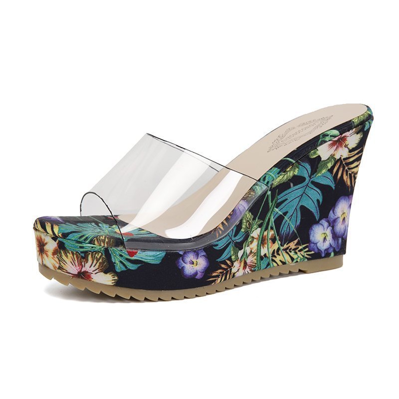 Damen nan PVC-Riemen Keilpantoletten mit floral bedruckter Keilsohle und ergonomischem Komfortfußbett R&B