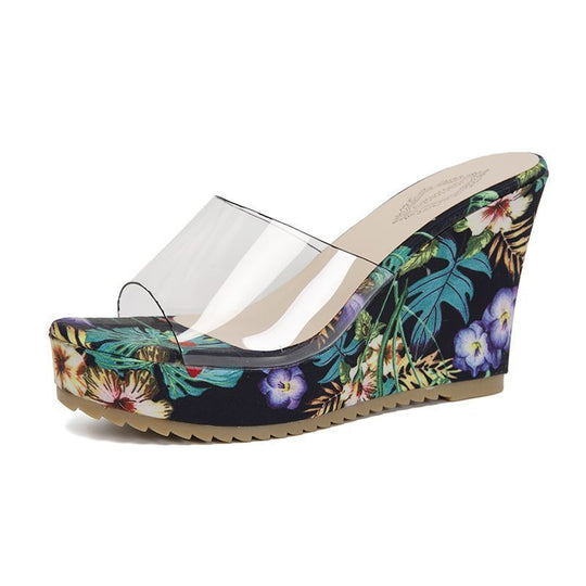 Damen nan PVC-Riemen Keilpantoletten mit floral bedruckter Keilsohle und ergonomischem Komfortfußbett R&B