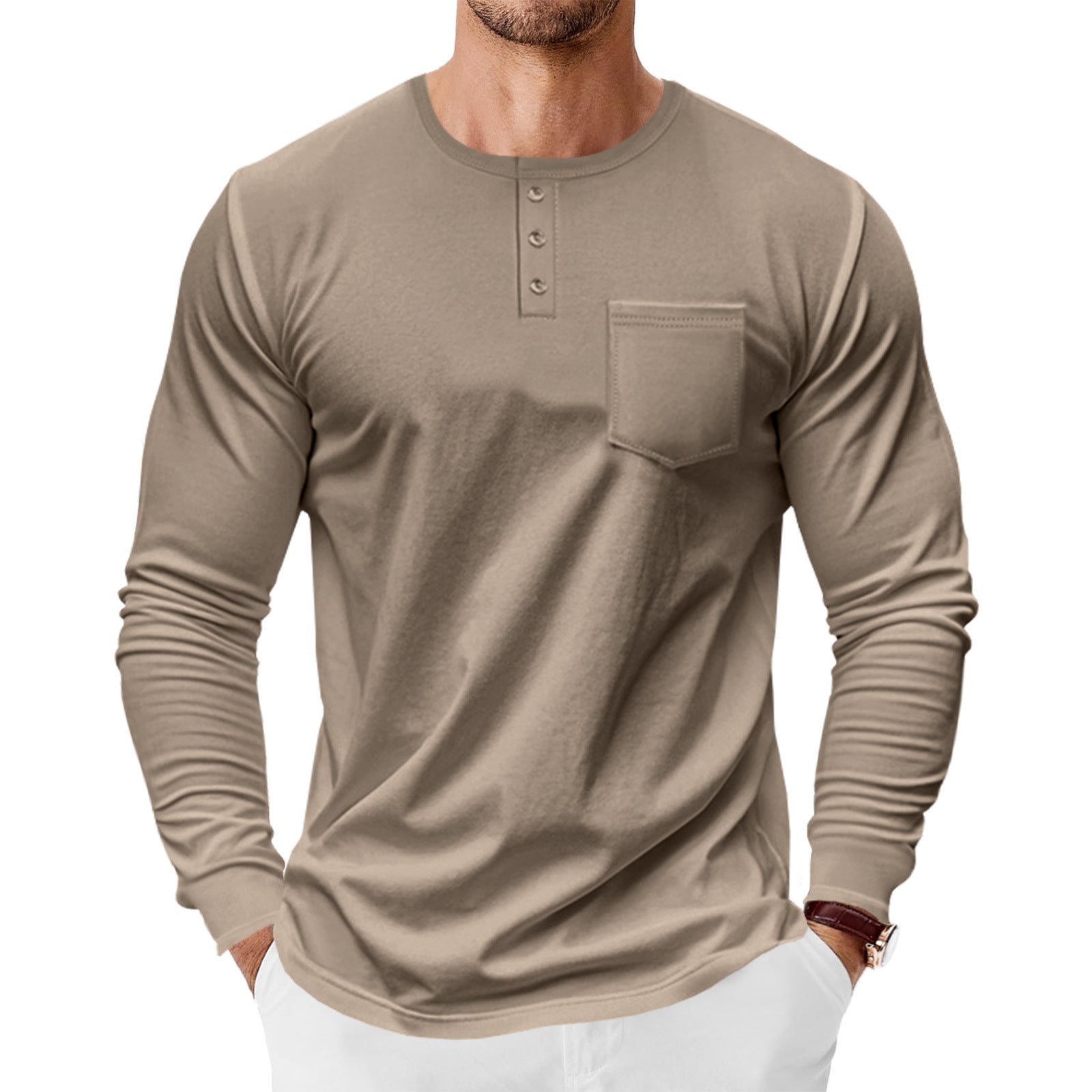 Herren Langarm-Henley-Shirt mit praktischer Brusttasche R&B