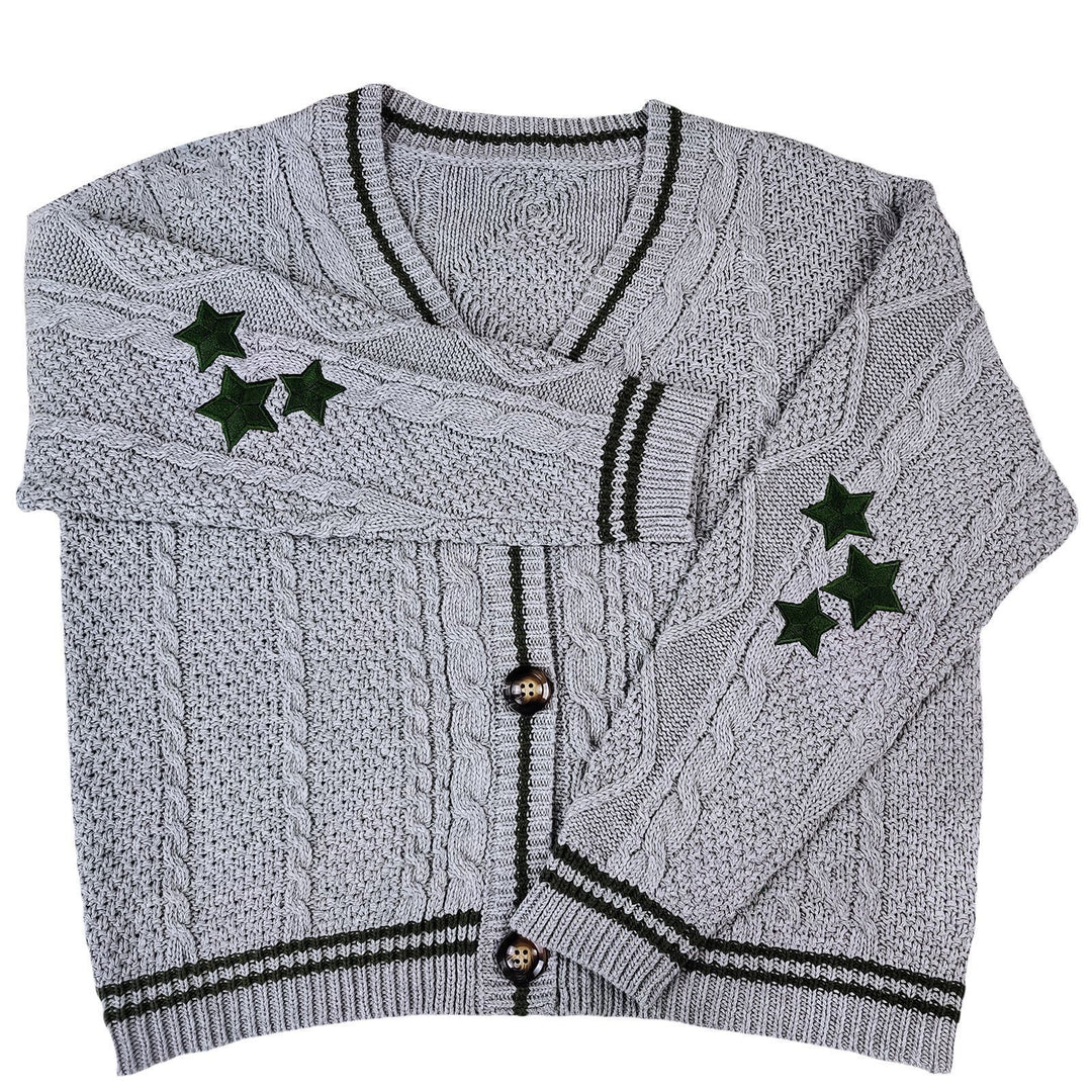 Damen Grobstrickjacke mit eleganten Sternenapplikationen und kontrastierenden Details R&B