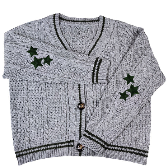 Damen Grobstrickjacke mit eleganten Sternenapplikationen und kontrastierenden Details R&B