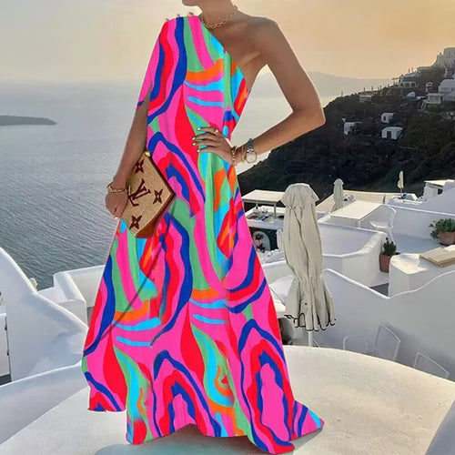 Damen Maxikleid mit einseitigem Träger und lebhaftem Mustermix R&B
