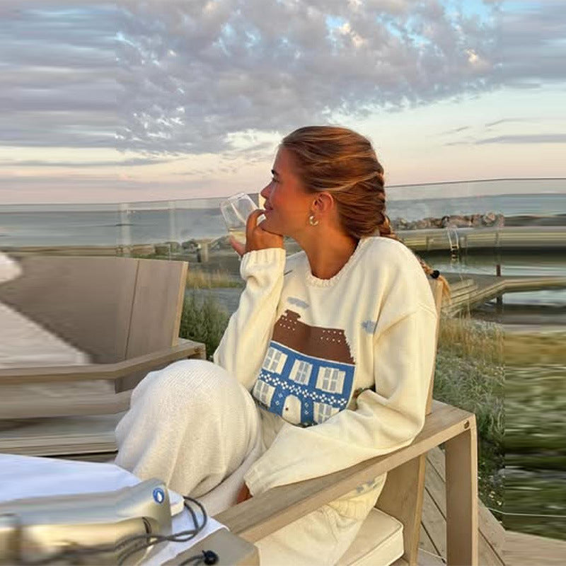 Damen Sweatshirt mit kreativem Hausmotiv R&B
