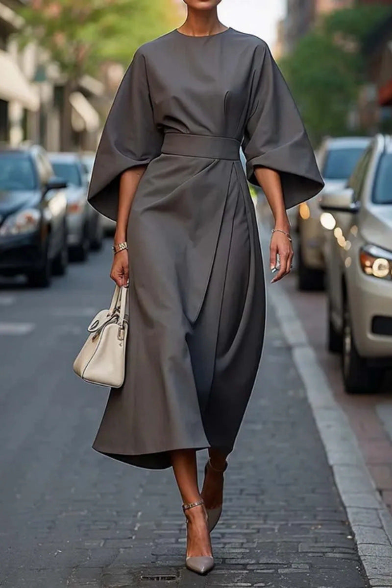 Damen nan elegantes Midikleid mit Kimonoärmeln, drapierter Wickeloptik und Taillengürtel R&B