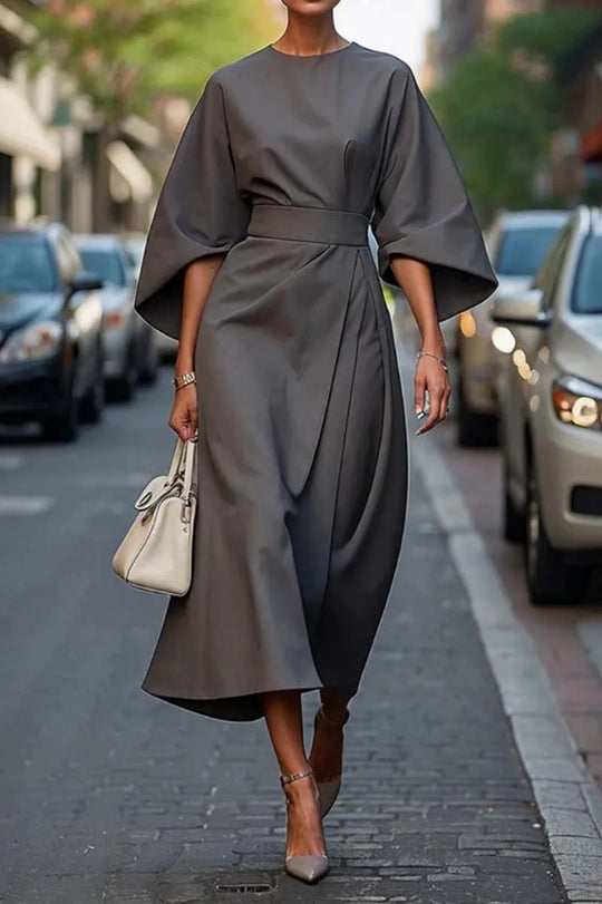 Damen nan elegantes Midikleid mit Kimonoärmeln, drapierter Wickeloptik und Taillengürtel R&B