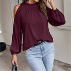 Damen trendige Bluse mit schulterfreier Gestaltung und Puffärmeln R&B