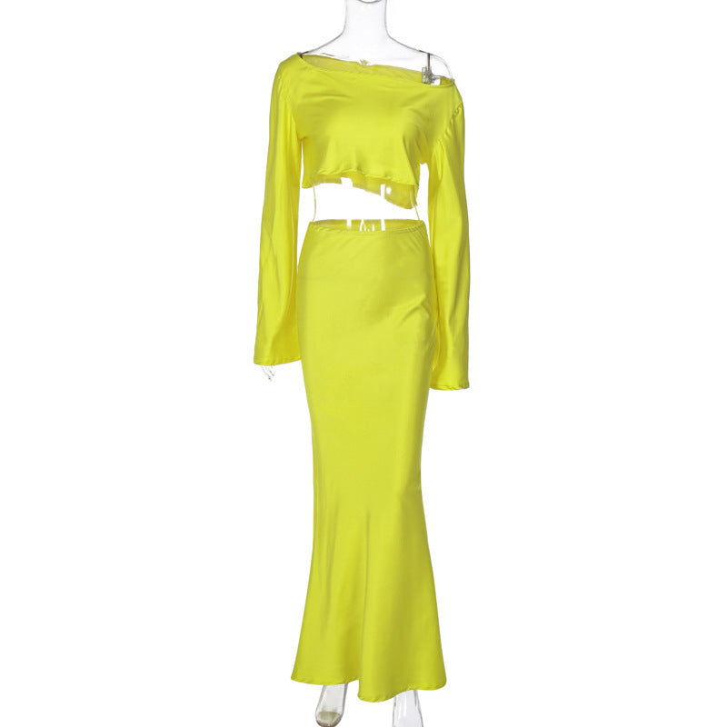 Damen Asymmetrisches Crop-Top mit langem Arm und fließendem Rock R&B