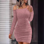 Damen Figurbetontes Strickkleid mit asymmetrischem Schulterdesign und dekorativen Akzenten