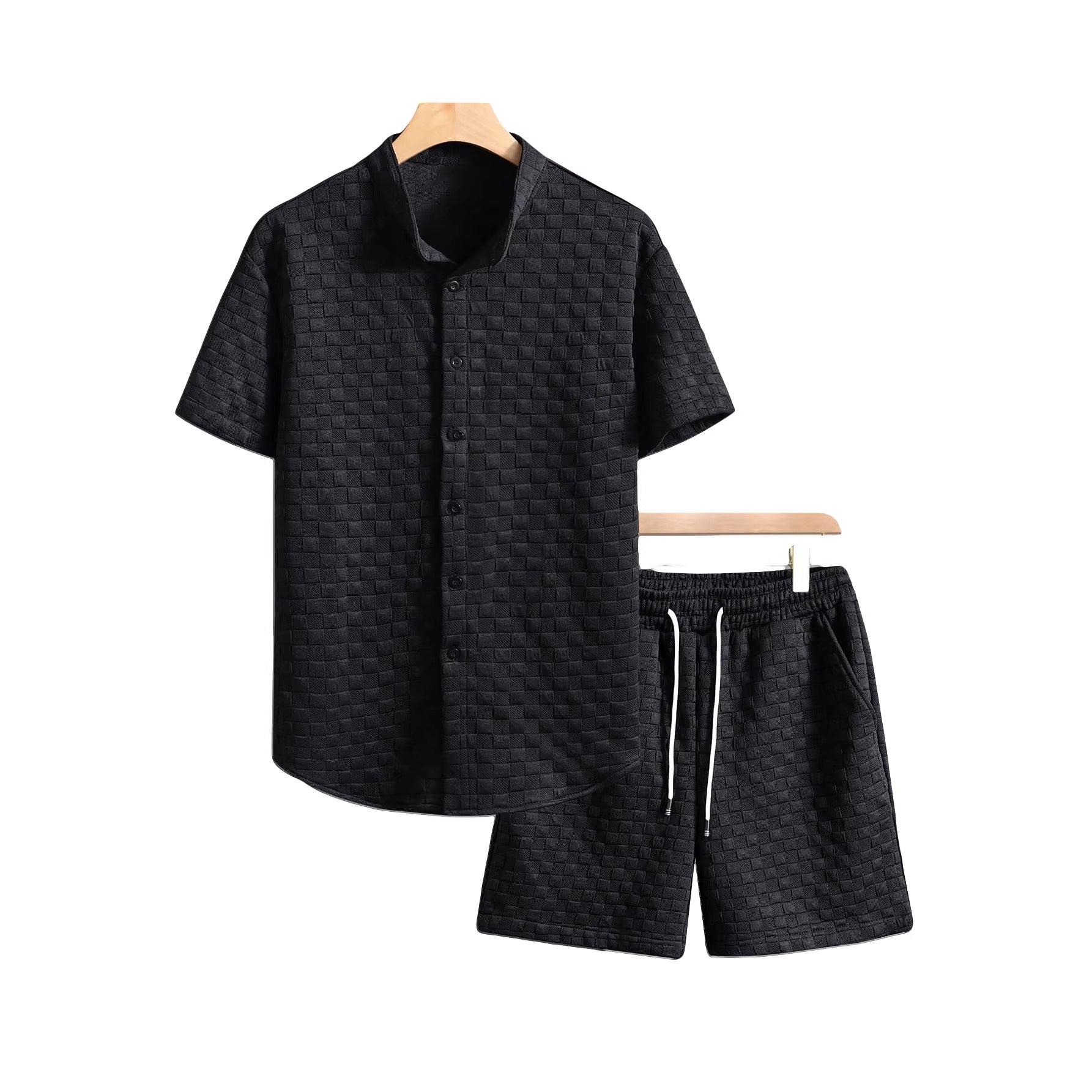 Herren nan zweiteiliges Sommerensemble mit Stehkragen-Hemdjacke und elastischen Komfort-Shorts in geprägter Karo-Textur R&B
