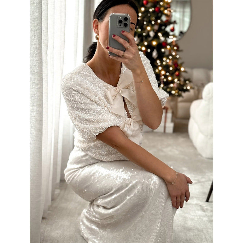 Damen Paillettenbluse mit Schleifendetails R&B