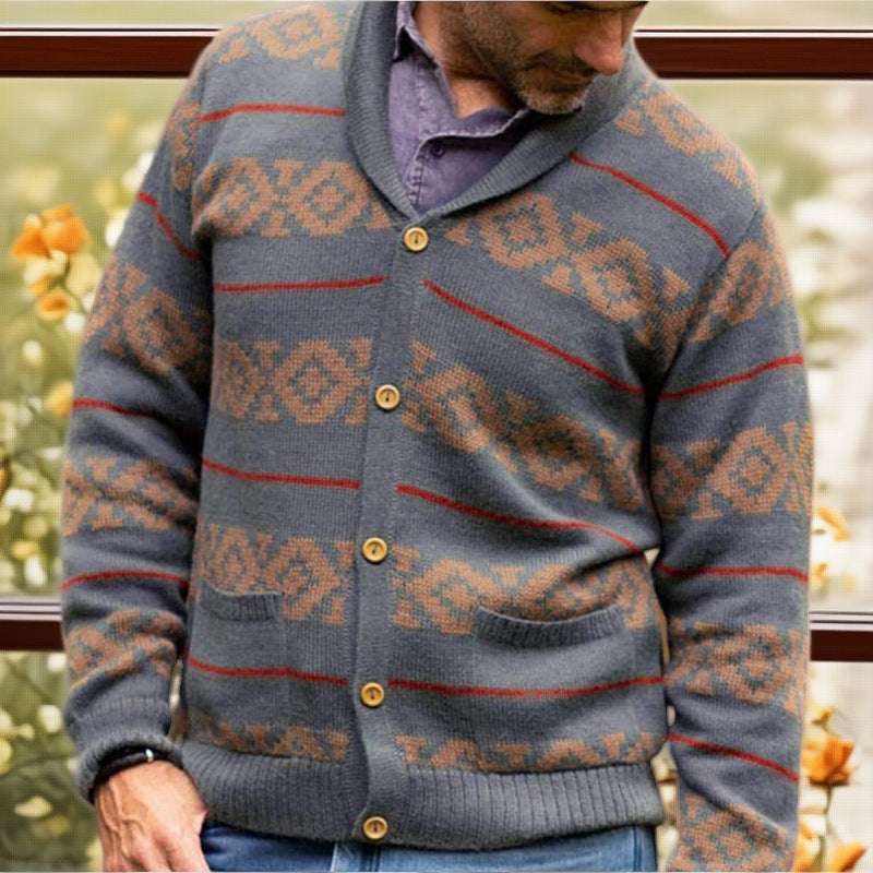Herren Strickjacke mit modernem geometrischem Muster und praktischen Taschen R&B