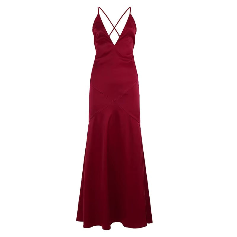Damen Maxikleid mit tiefem V-Ausschnitt und gekreuzten Spaghettiträgern R&B