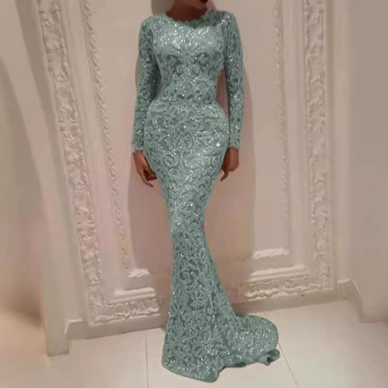Damen Glamouröses Hochzeitskleid mit funkelnden Pailletten und langen Ärmeln R&B
