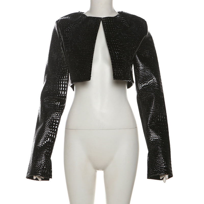 Damen Cropped Kunstlederjacke im modischen Schlangenleder-Look R&B