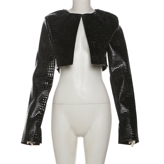 Damen Cropped Kunstlederjacke im modischen Schlangenleder-Look R&B