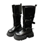 Damen trendige hohe Stiefel mit doppeltem Riemen und robustem Plateau-Heel R&B