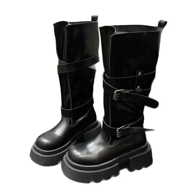Damen trendige hohe Stiefel mit doppeltem Riemen und robustem Plateau-Heel R&B
