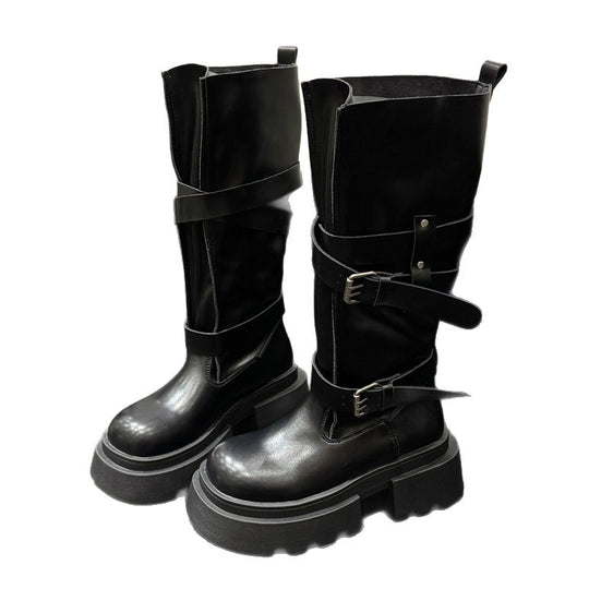 Damen trendige hohe Stiefel mit doppeltem Riemen und robustem Plateau-Heel R&B