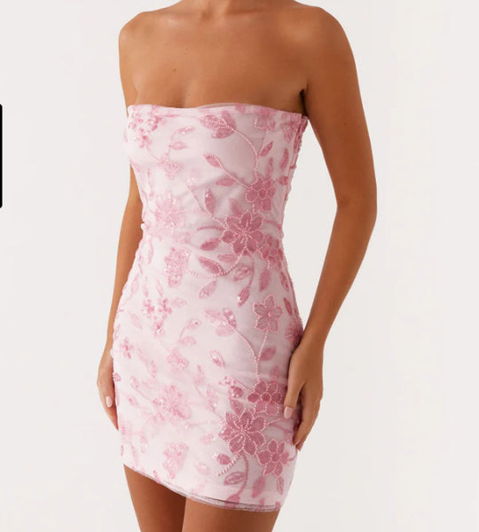 Damen Elegantes Bandeau-Minikleid mit floralem Pailletten-Design R&B