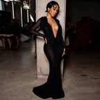 Damen Elegantes lange Kleid mit tiefem V-Ausschnitt und Raffungen R&B